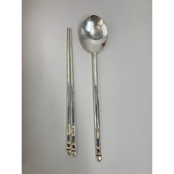 Korean Flatwear Spoon Chopsticks Silver Plate Vintage 14 pieces Utensils 6874 - Picture 3 of 10